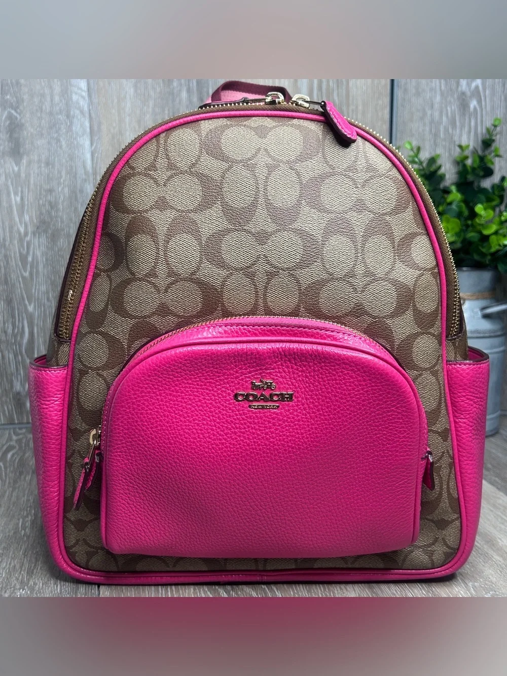 Coach Signature Monogram Pink Leather Trim Backpack – Gold Hardware – Medium
